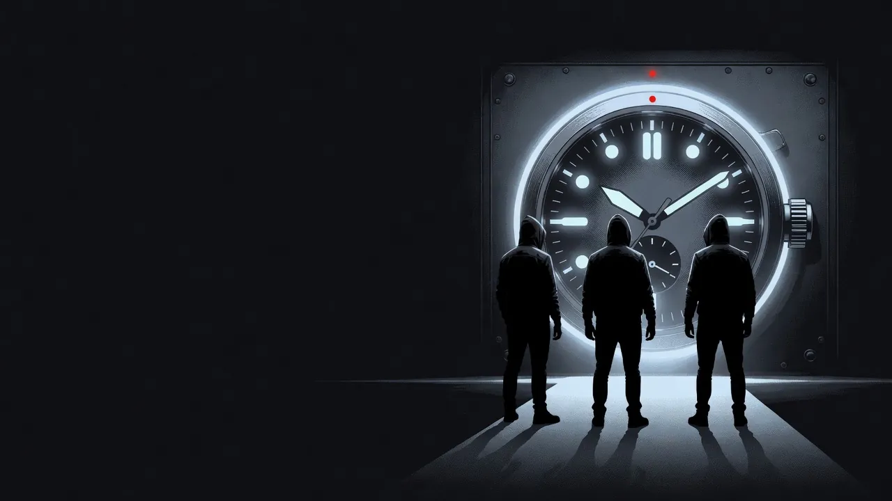 A crew of three in front of a vault door shaped like a watch dial
